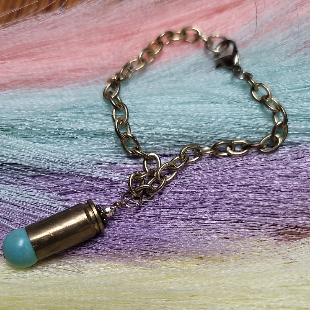 Gold Tone Chain Bracelet with Turquoise Pendant 9MM Luger Bullet